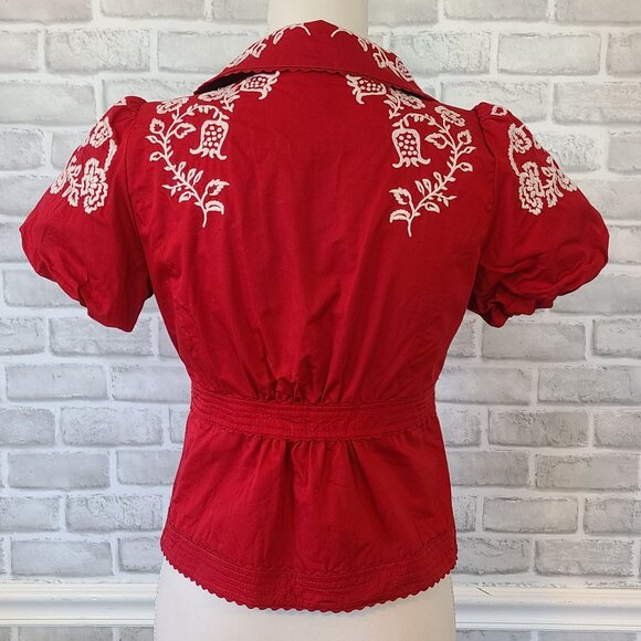 Elevenses Anthropologie Red Embroidered Blazer Jacket Top Cottage Romantic 4 - Picture 4 of 8
